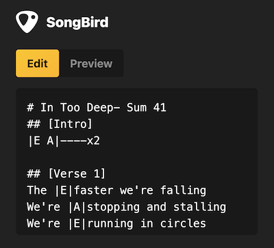 a screenshot of the SongBird website showing yellow buttons and a text input with song lyrics